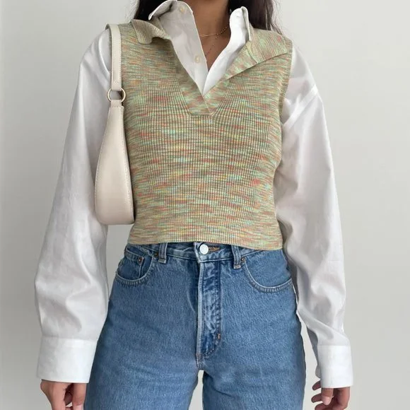 NWT Hazel Moon multi colored Knit Polo Collared Cropped top - Picture 3 of 9